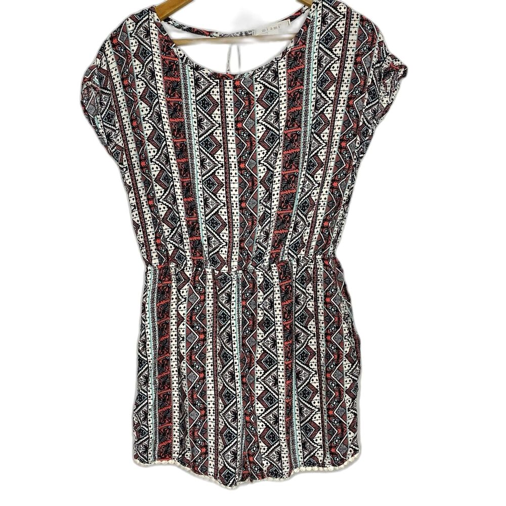 Mi Ami Geometric Floral Romper Crochet Hem Elastic Waist Tribal Boho Womens L